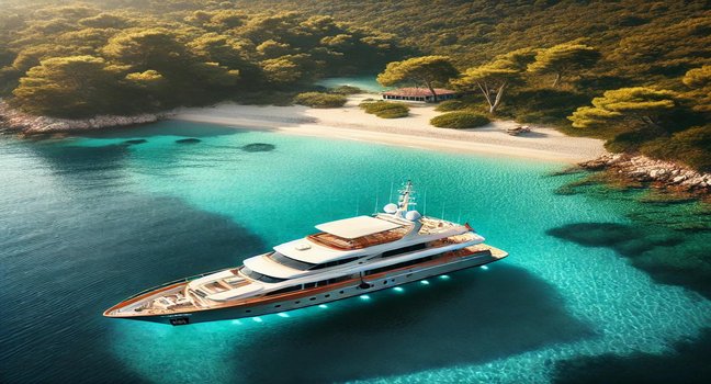 A stunning yacht anchored near a serene, secluded beach surrounded by clear water and lush greenery, ideal for a relaxing getaway