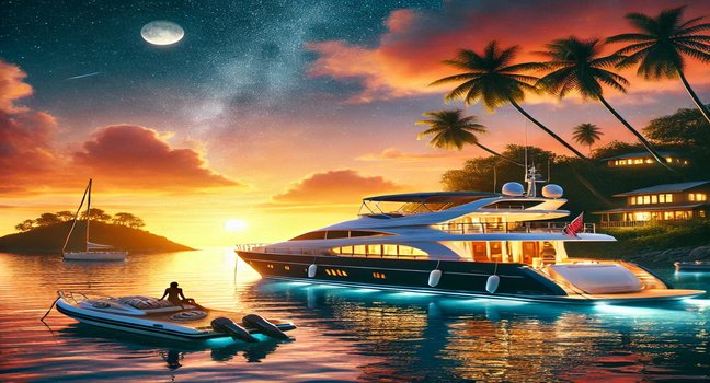 A luxurious yacht anchored near a peaceful island, with a couple reminiscing about their boat story under a vibrant sunset sky