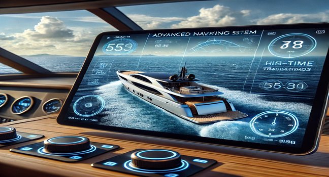 A luxury yacht equipped with a touchscreen navigation system displaying real-time tracking data, cruising in open waters under a clear blue sky