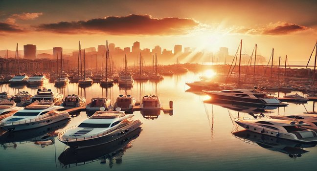 A marina filled with luxurious yachts bathed in the warm light of sunrise, with calm water reflecting the serene atmosphere of marina yachting