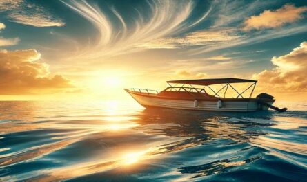 A peaceful boat journey on calm blue waters during sunset, showcasing tranquility and the beauty of nature