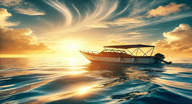 A peaceful boat journey on calm blue waters during sunset, showcasing tranquility and the beauty of nature