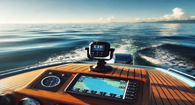 A small boat equipped with a mounted GPS tracker for real-time navigation, set in open water under a sunny sky and clear horizon