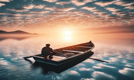 A lone adventurer navigating a small boat through calm waters at sunrise, representing a serene and inspiring boat story