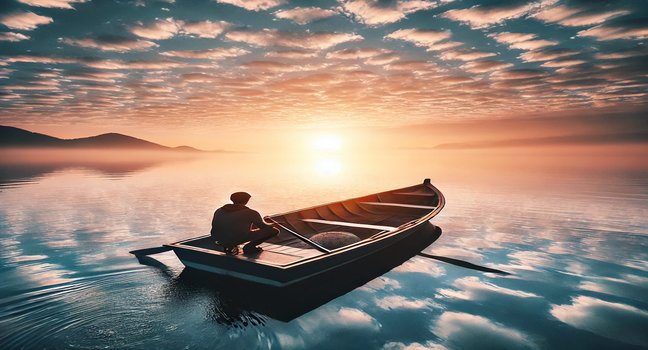 A lone adventurer navigating a small boat through calm waters at sunrise, representing a serene and inspiring boat story