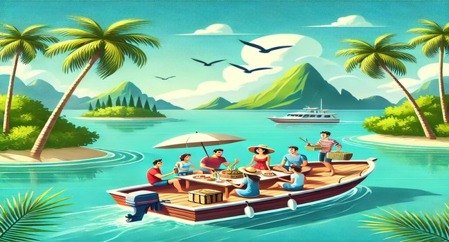 A joyful boat story of friends having a picnic on turquoise waters with tropical islands in the background