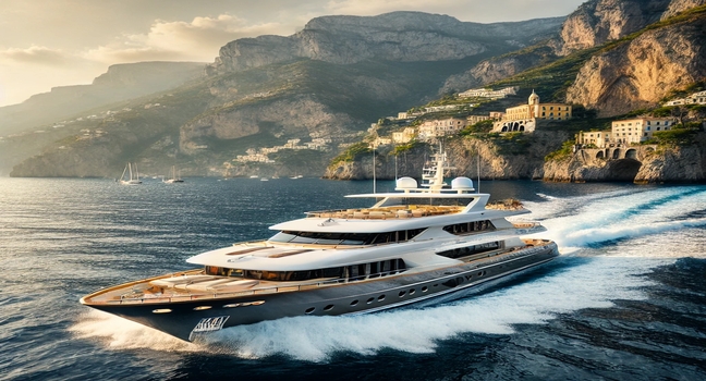 A luxurious yacht sailing along the Amalfi Coast, showcasing stunning cliffs, crystal-clear waters, and charming seaside villages under the Mediterranean sun