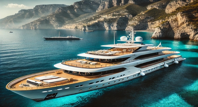 A luxury yacht anchored near the Amalfi Coast, surrounded by turquoise waters, dramatic cliffs, and breathtaking coastal views offering peace and relaxation