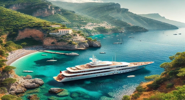 Relax on an Amalfi yacht charter anchored in a quiet bay, surrounded by turquoise waters, lush cliffs, and a stunning Mediterranean backdrop