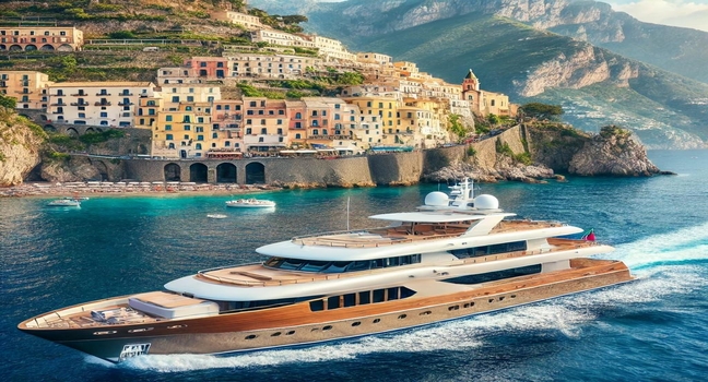 Embark on a luxury yacht charter along the Amalfi Coast, enjoying breathtaking views of cliffs, colorful villages, and a spacious deck for relaxation