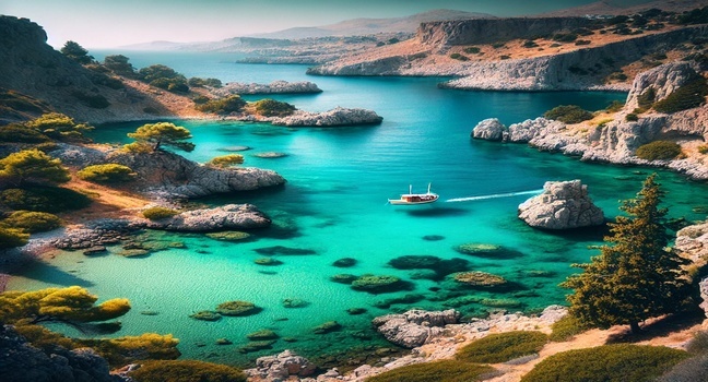 Anthony Quinn Bay in Rhodes, featuring turquoise waters, rocky cliffs, and lush greenery, perfect for a peaceful retreat