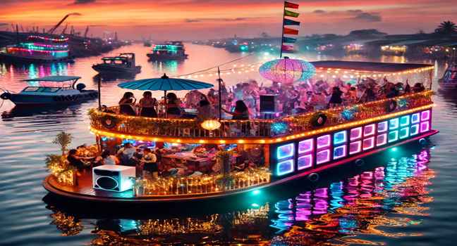 Experience a fun-filled boat party with music, dancing, vibrant lights, and a festive atmosphere on the water