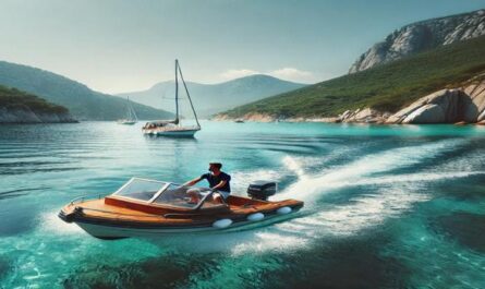 Ein Mann steuert ein Boot durch eine malerische Bucht in Sardinien