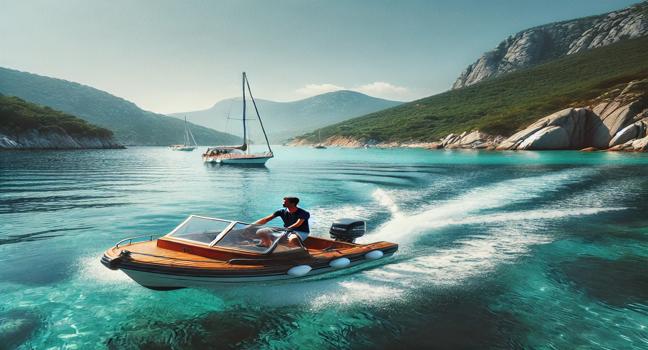 Ein Mann steuert ein Boot durch eine malerische Bucht in Sardinien