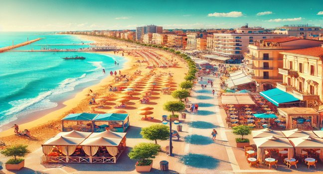 Scenic view of Cattolica with sandy beaches, clear Adriatic waters, and a vibrant promenade lined with cafes