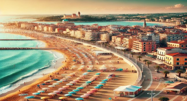 Panoramic view of Cattolica's Adriatic coastline with golden beaches, colorful umbrellas, and a lively townscape