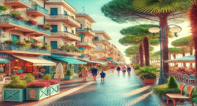 A lively street in Cattolica featuring colorful shops, cozy cafes, and lush greenery, capturing the town's vibrant coastal vibe