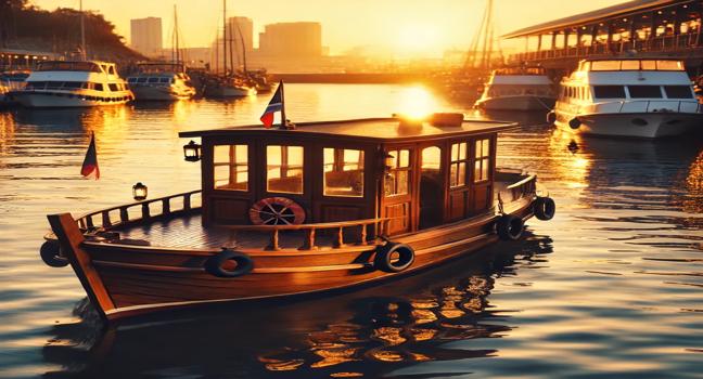 A picturesque tourist boat floating near a harbor at sunset, with warm golden light reflecting on the water and creating a tranquil ambiance