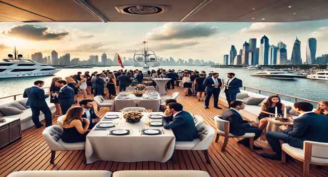 Host a professional and elegant corporate event on a luxury yacht with stunning waterfront views