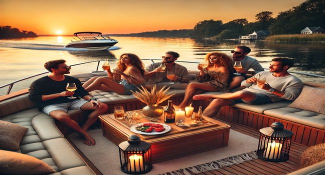 A cozy boat setting with friends enjoying drinks and laughter, surrounded by calm water and a sunset view, creating a warm and inviting party vibe