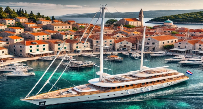 A luxury sailing yacht docked in a charming Croatian coastal town, surrounded by historic stone buildings, a lively harbor, and breathtaking sea views