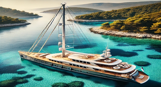 A luxurious sailing yacht anchored in a quiet bay along the Croatian coast, surrounded by turquoise waters and lush green landscapes for a perfect escape