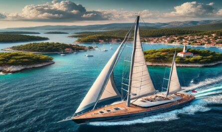 A luxurious sailing yacht cruising along the Croatian coastline, offering breathtaking views of crystal-clear waters, lush islands, and historic coastal towns