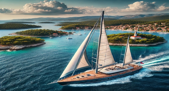 A luxurious sailing yacht cruising along the Croatian coastline, offering breathtaking views of crystal-clear waters, lush islands, and historic coastal towns