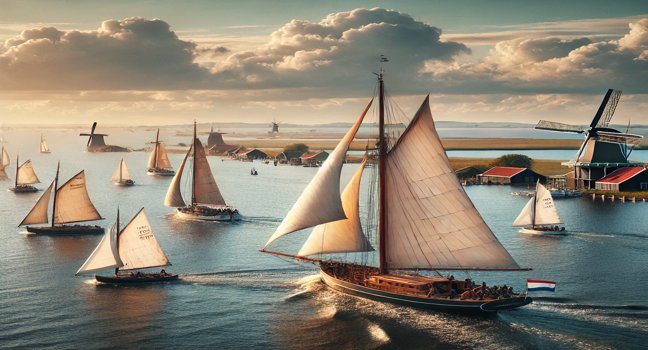 egelboote auf dem IJsselmeer mit einer malerischen Kulisse aus niederländischen Windmühlen und charmanten Dörfern