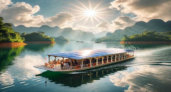 An eco-friendly, solar-powered boat gliding on calm waters. Passengers enjoy breathtaking views of nearby mountains and lush greenery under a sunny sky