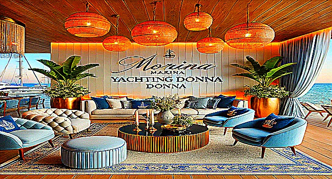 A cozy beachside lounge featuring nautical decor, inspired by the luxurious aesthetic of Marina Yachting Donna