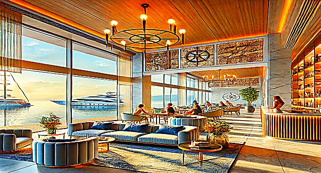 A modern lounge with nautical-themed decor, large windows showcasing the sea, and a relaxing atmosphere for guests