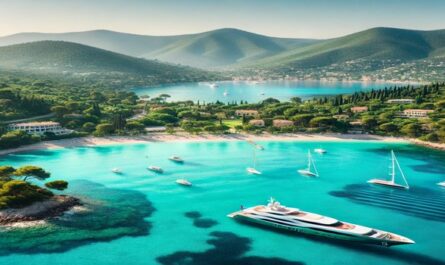 A stunning Mediterranean coastline with turquoise waters, white sand beaches, and lush greenery. Perfect for showcasing tranquility and natural luxury