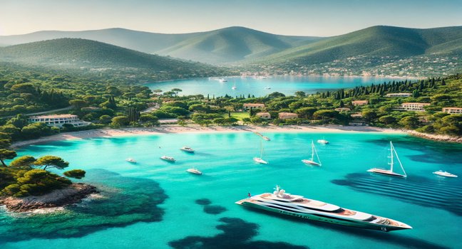 A stunning Mediterranean coastline with turquoise waters, white sand beaches, and lush greenery. Perfect for showcasing tranquility and natural luxury