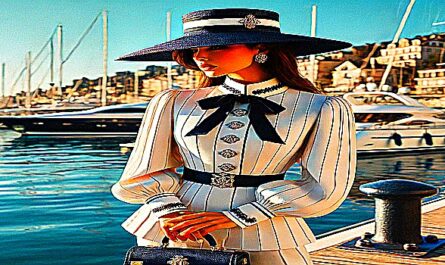 A stylish woman in nautical-themed fashion standing on a sunny pier, capturing the elegance of Marina Yachting Donna