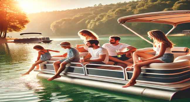 Enjoy a sunny day with family on a spacious pontoon boat, perfect for cruising and watersports