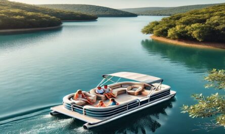 A family enjoying a relaxing ride on a spacious pontoon boat on calm blue waters, surrounded by lush greenery under a sunny sky