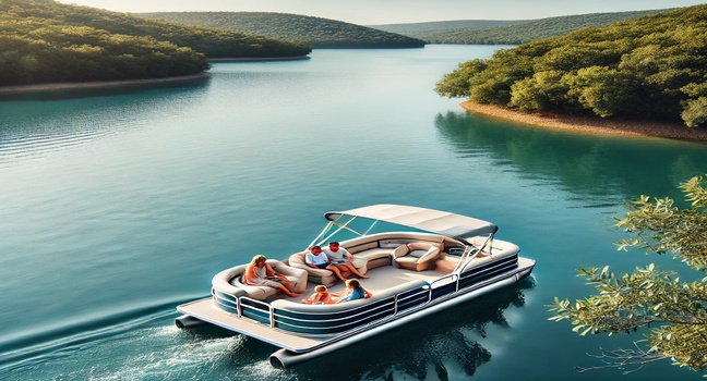 A family enjoying a relaxing ride on a spacious pontoon boat on calm blue waters, surrounded by lush greenery under a sunny sky