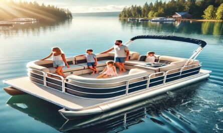 A family enjoying a relaxing day on a modern pontoon boat, surrounded by calm waters and lush greenery under a sunny sky