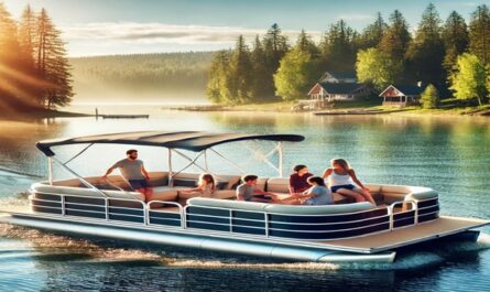 A family enjoying a relaxing boat ride on a spacious pontoon boat on calm blue waters, surrounded by lush greenery under a sunny sky