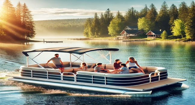 A family enjoying a relaxing boat ride on a spacious pontoon boat on calm blue waters, surrounded by lush greenery under a sunny sky