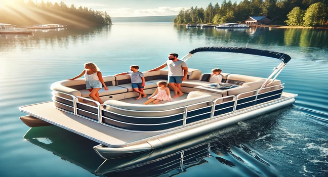 A family enjoying a relaxing day on a modern pontoon boat, surrounded by calm waters and lush greenery under a sunny sky