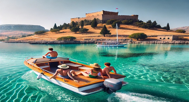 A family relaxing on a motorboat near Lindos, Rhodes, with the acropolis of Lindos visible on a hill in the background and calm turquoise waters surrounding the boat