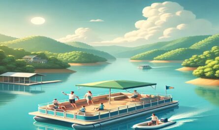 A family enjoying a relaxing boat tour on a spacious pontoon boat, floating on calm blue waters surrounded by lush green hills under clear skies