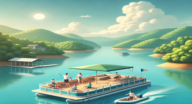 A family enjoying a relaxing boat tour on a spacious pontoon boat, floating on calm blue waters surrounded by lush green hills under clear skies