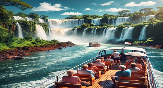 A family on a sightseeing boat enjoying the view of a large waterfall cascading into a river, surrounded by lush greenery and a bright blue sky