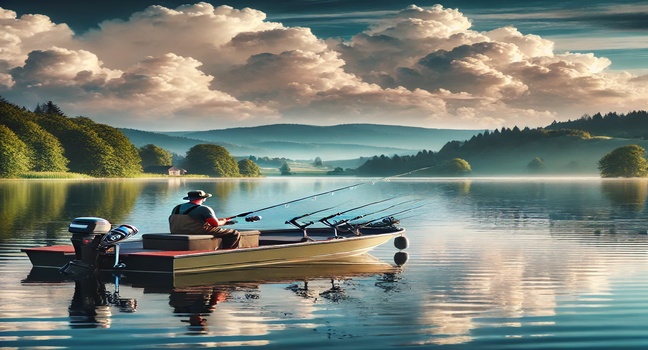 A fishing boat with an angler enjoying the serene atmosphere of a peaceful lake, surrounded by nature and a partly cloudy sky