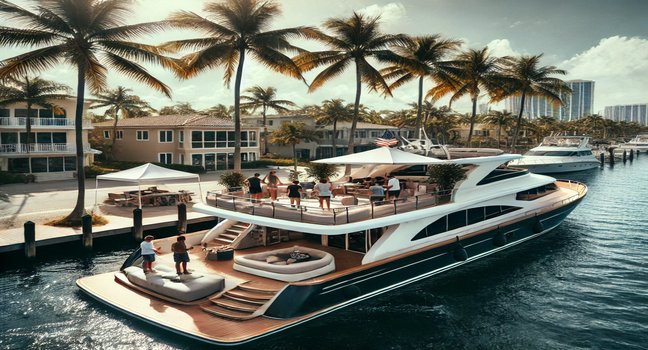 A modern boat docked near Fort Lauderdale with people preparing for a party, surrounded by palm trees and a sunny sky