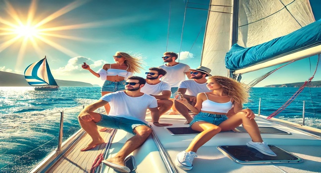 A group of friends on a rented sailboat near me enjoying a sunny day on the open sea, with clear blue waters and a vibrant horizon in the background