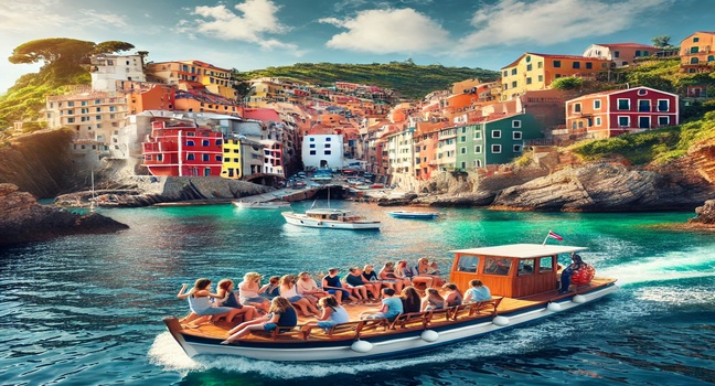 A group of travelers enjoying a scenic trip on a small touring boat through a vibrant coastal area. The boat passes colorful houses on cliffs and clear blue water under a sunny sky